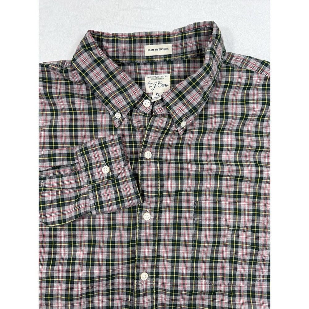 J.Crew Slim Untucked Plaid Shirt XL Organic Cotton‎ Secret Wash Blk/Red/Yellow